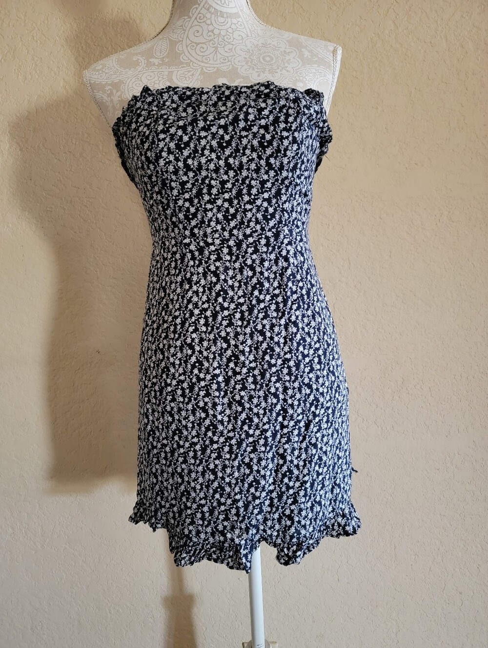 Favlux Strapless Navy Blue and White Floral Dress Sz S